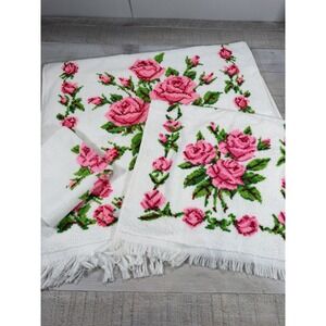Vintage Cannon Pink Rose Floral Bath Towel Hand Towel Washcloth Set 3 Cottage